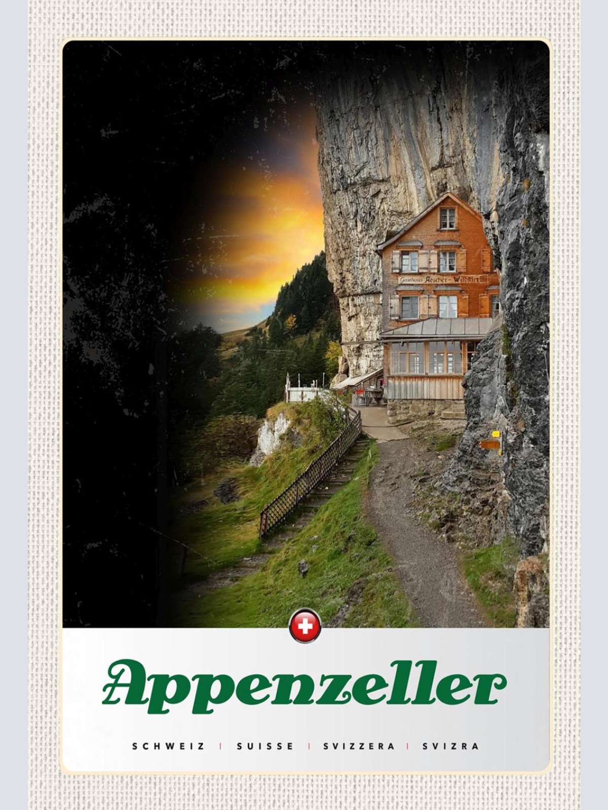 Schild Spruch Appenzeller Switzerland Schweiz Berhütte Felswand JW