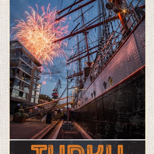 Schild Spruch Turku Finland Finnland Hafen Schiff Feuerwerk JW