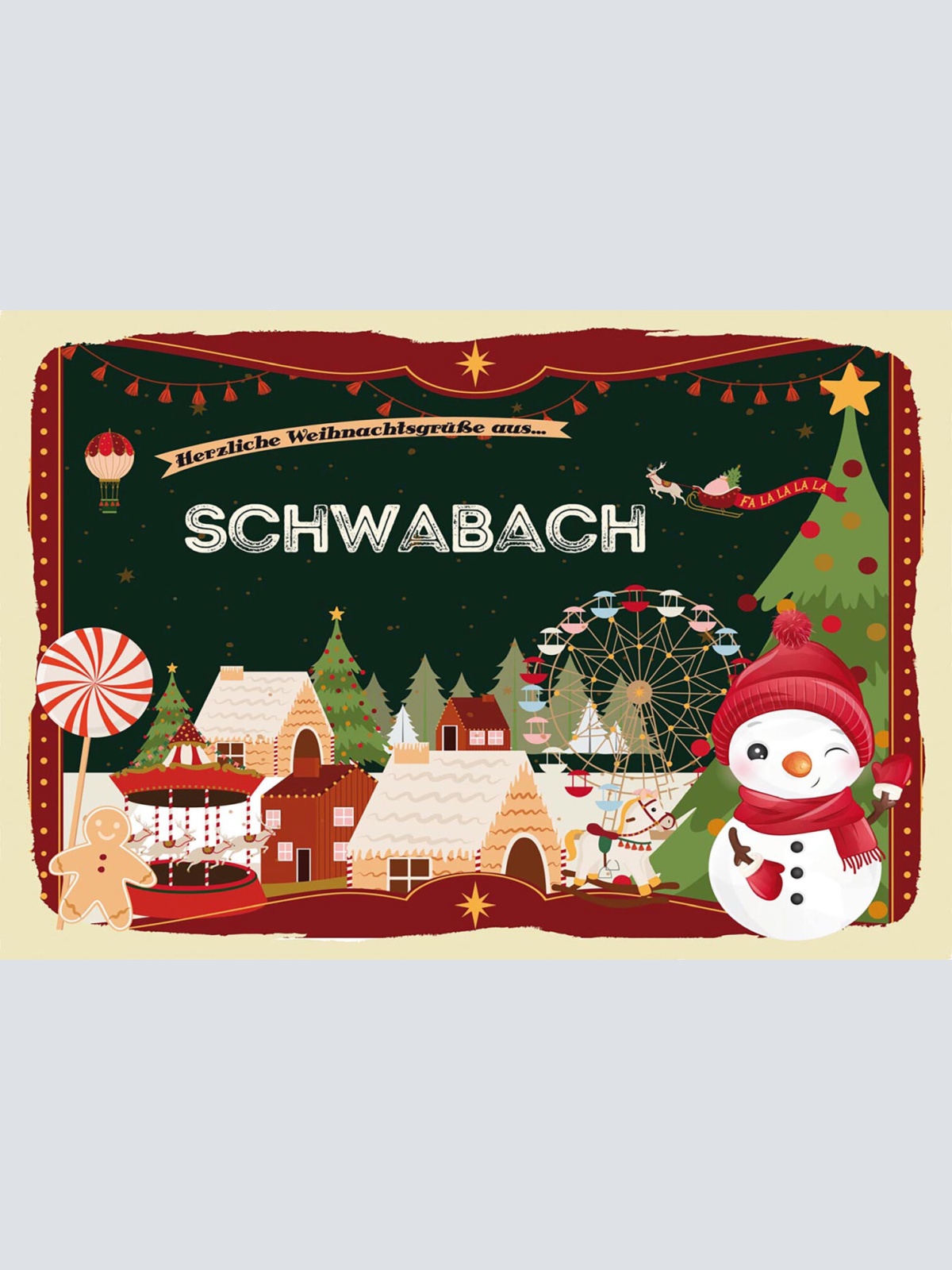 Schild Spruch Herzliche Weihnachtsgrüße aus Schwabach Comic Schneemann JW