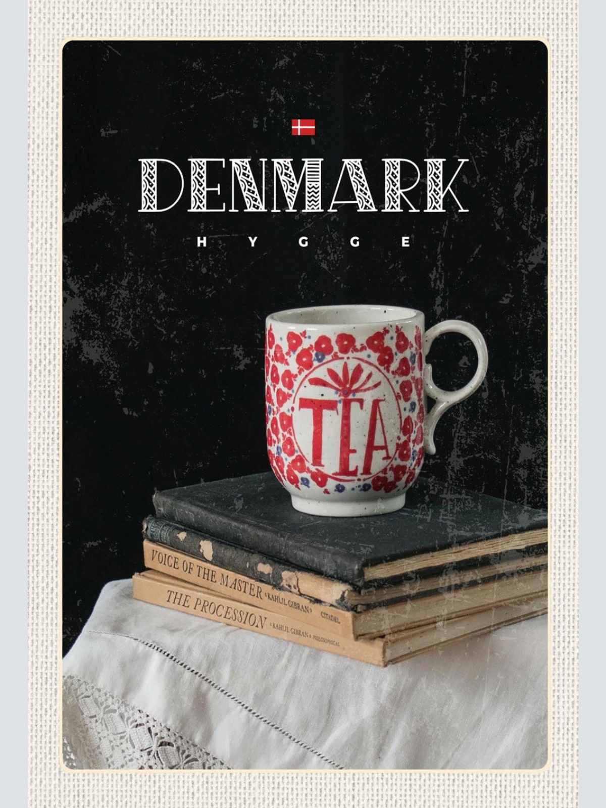 Schild Spruch Hygge Denmark Dänemark Bücher Teetasse JW