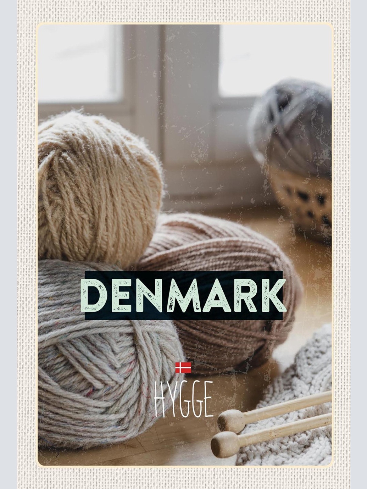 Schild Spruch Hygge Denmark Dänemark Wolle Stricken JW
