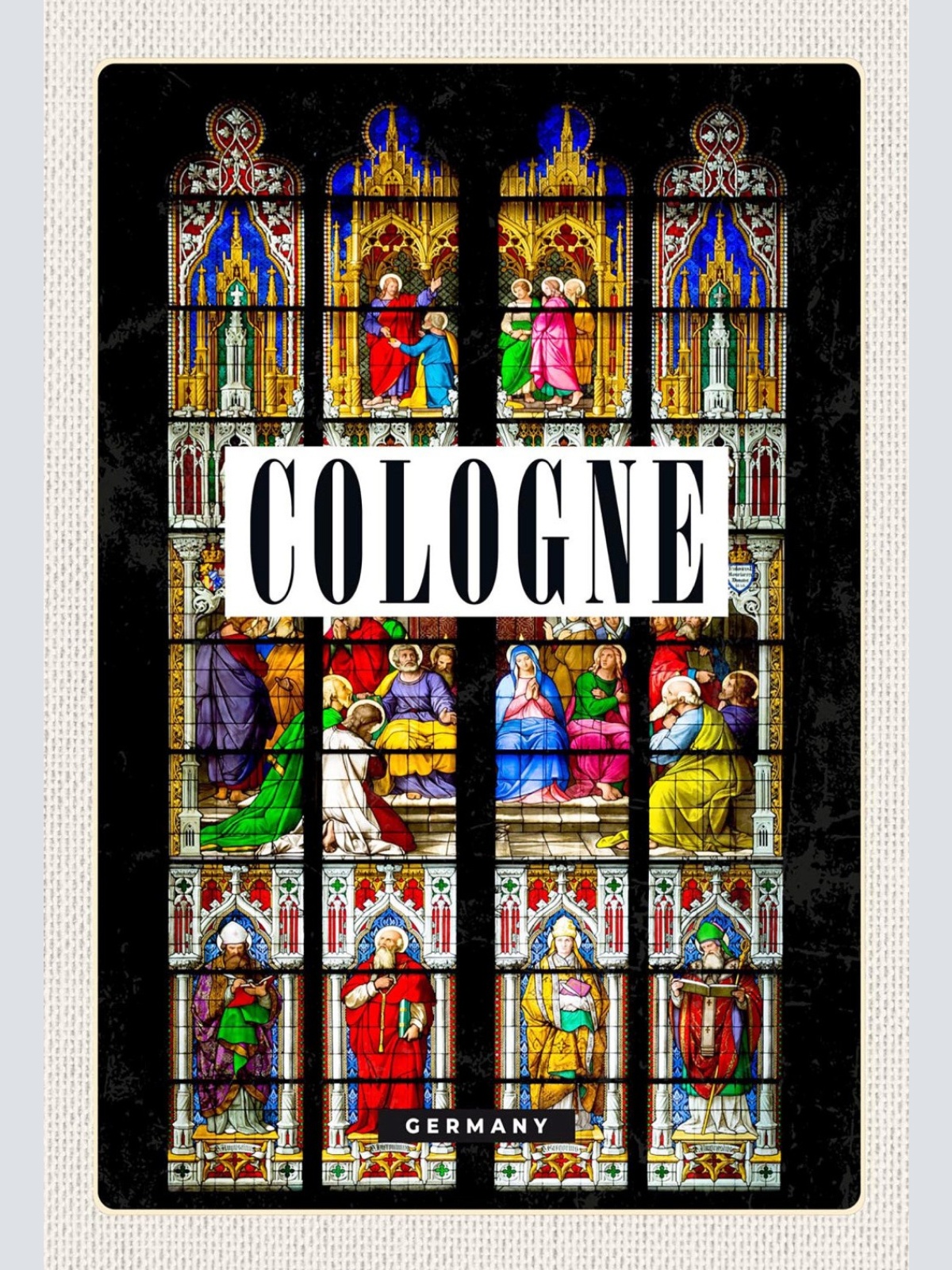 Schild Spruch Cologne Germany Köln Deutschland Kirche Mosaikfenster bunt JW