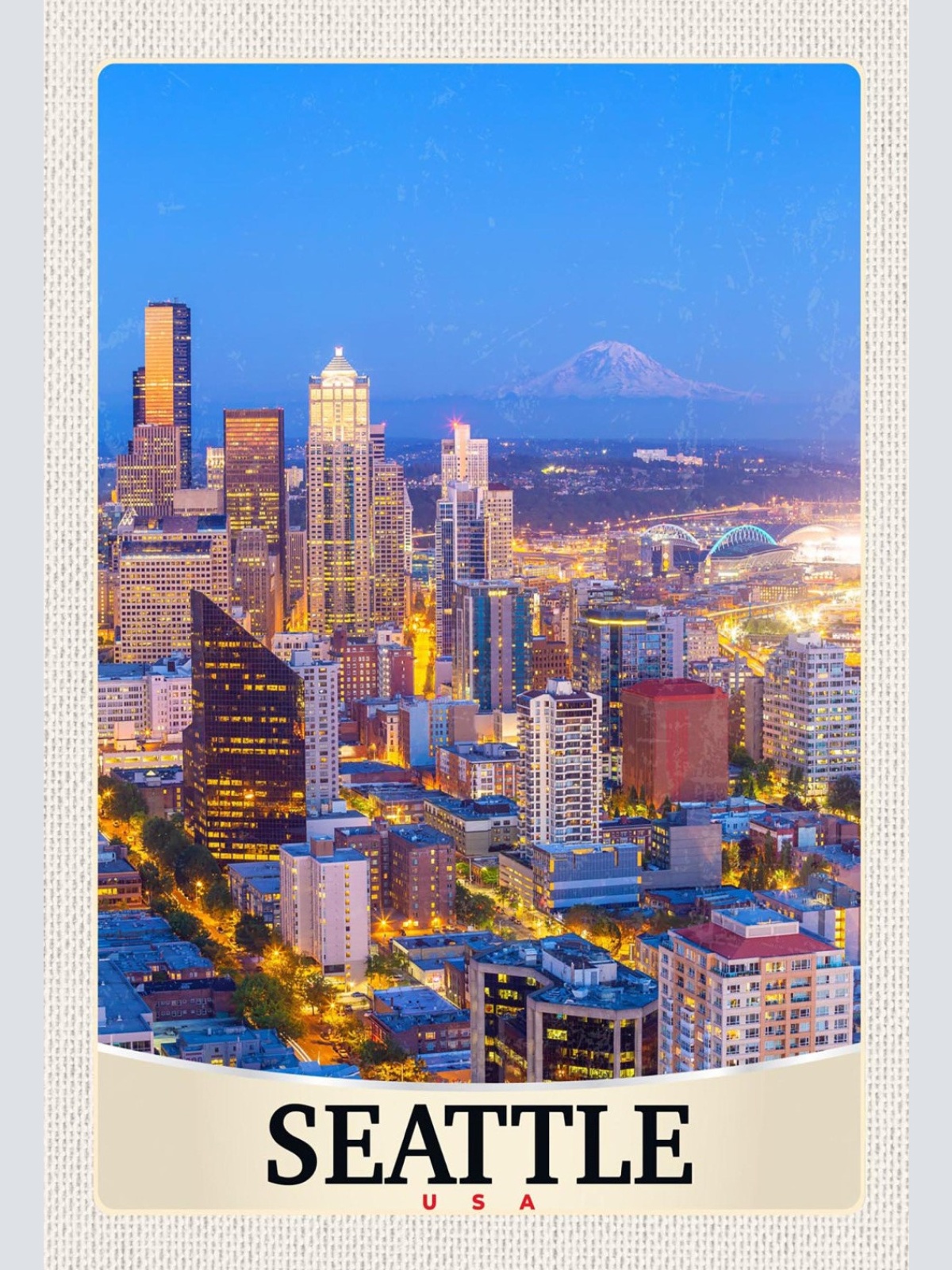 Schild Spruch Seattle USA Stadt Nacht Hochhäuser Berg JW