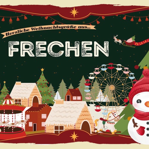 Schild Spruch Herzliche Weihnachtsgrüße aus Frechen Comic Schneemann JW