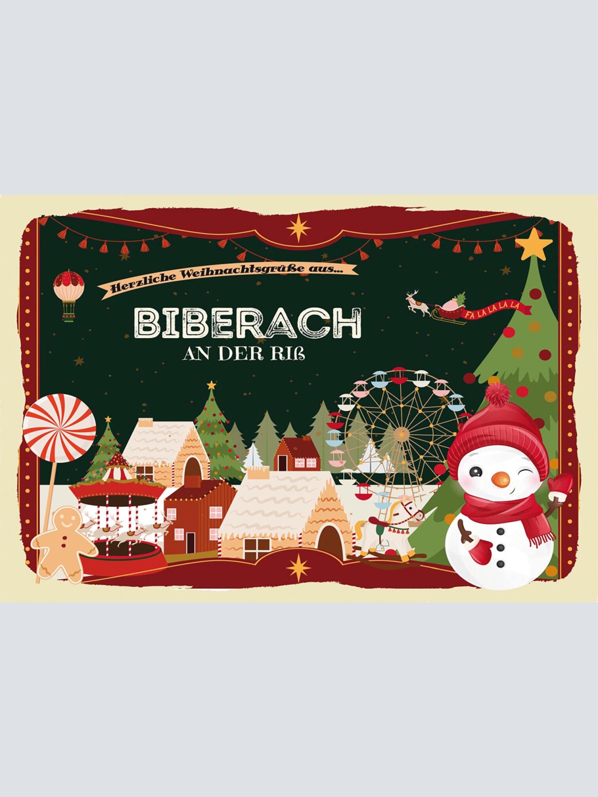 Schild Spruch Herzliche Weihnachtsgrüße aus Biberach Comic Schneemann JW