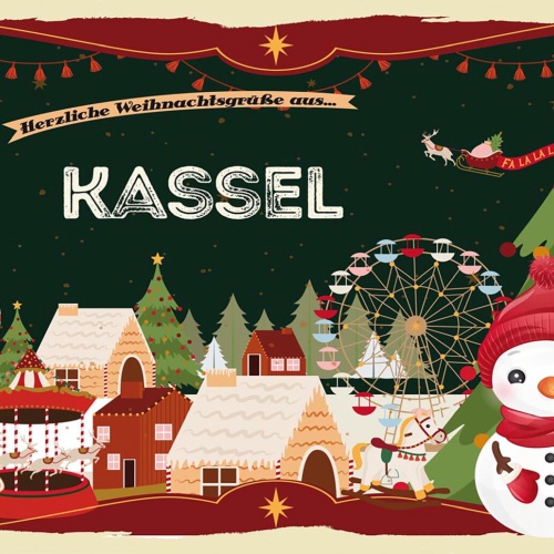 Schild Spruch Herzliche Weihnachtsgrüße aus Kassel Comic Schneemann JW