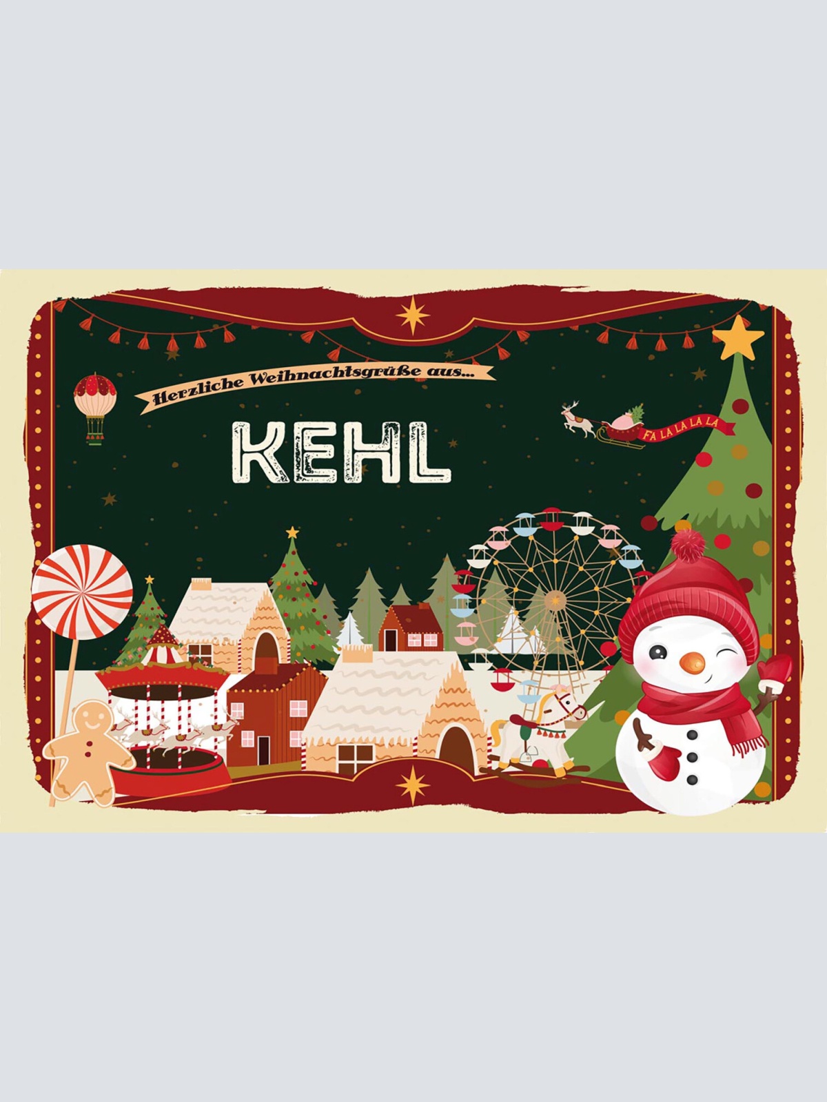 Schild Spruch Herzliche Weihnachtsgrüße aus Kehl Comic Schneemann JW