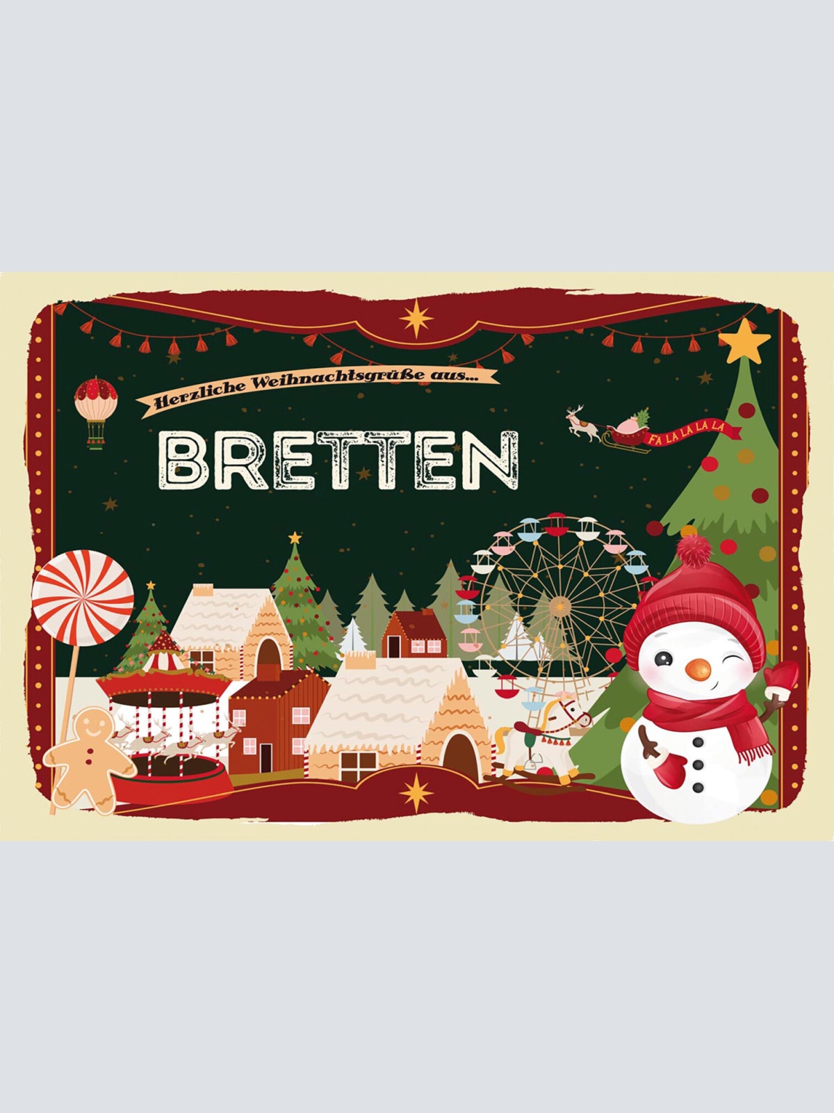 Schild Spruch Herzliche Weihnachtsgrüße aus Bretten Comic Schneemann JW