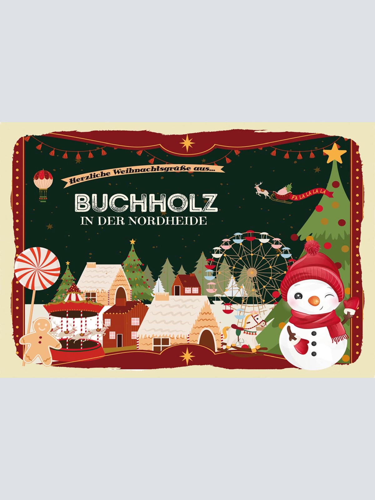 Schild Spruch Herzliche Weihnachtsgrüße aus Buchholz Comic Schneemann JW