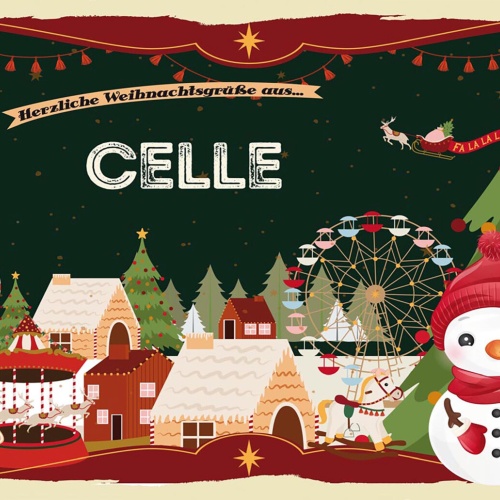 Schild Spruch Herzliche Weihnachtsgrüße aus Celle Comic Schneemann JW