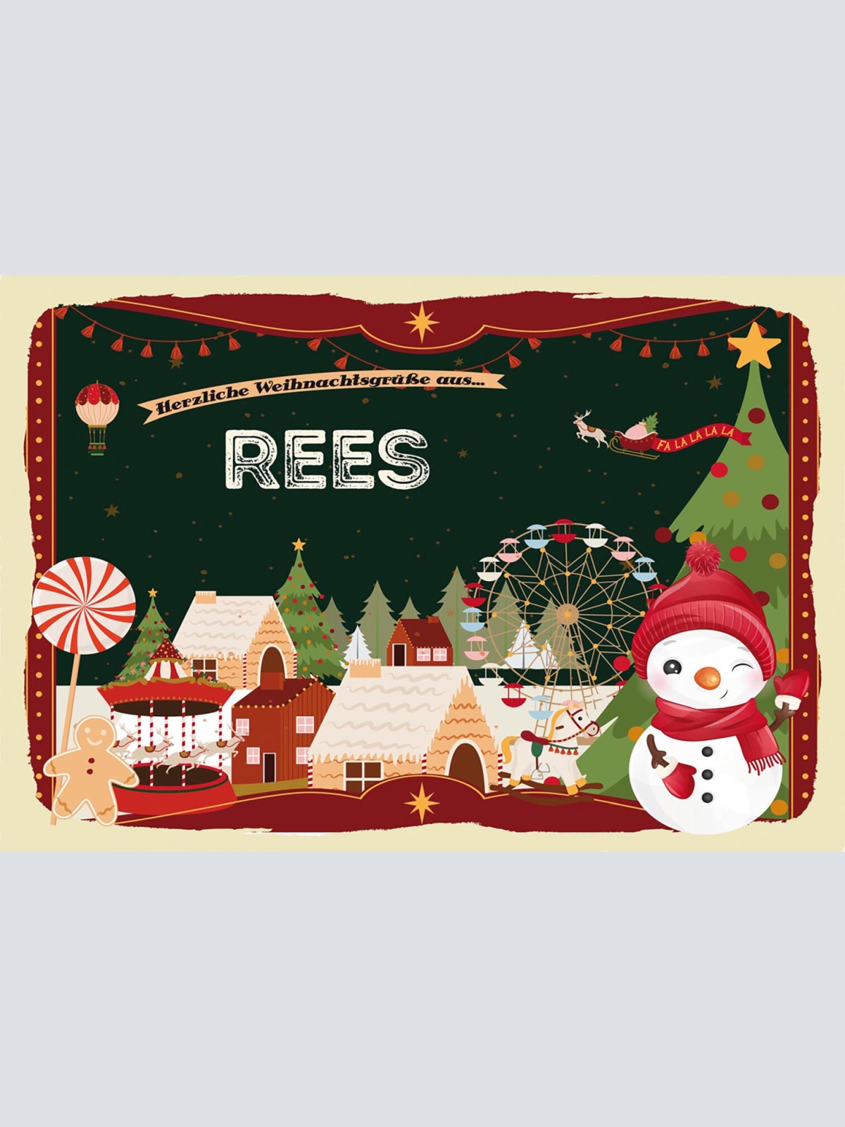 Schild Spruch Herzliche Weihnachtsgrüße aus Rees Comic Schneemann JW