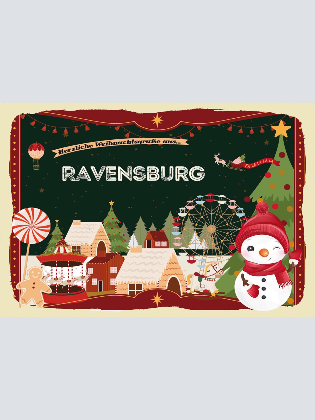 Schild Spruch Herzliche Weihnachtsgrüße aus Ravensburg Comic Schneemann JW