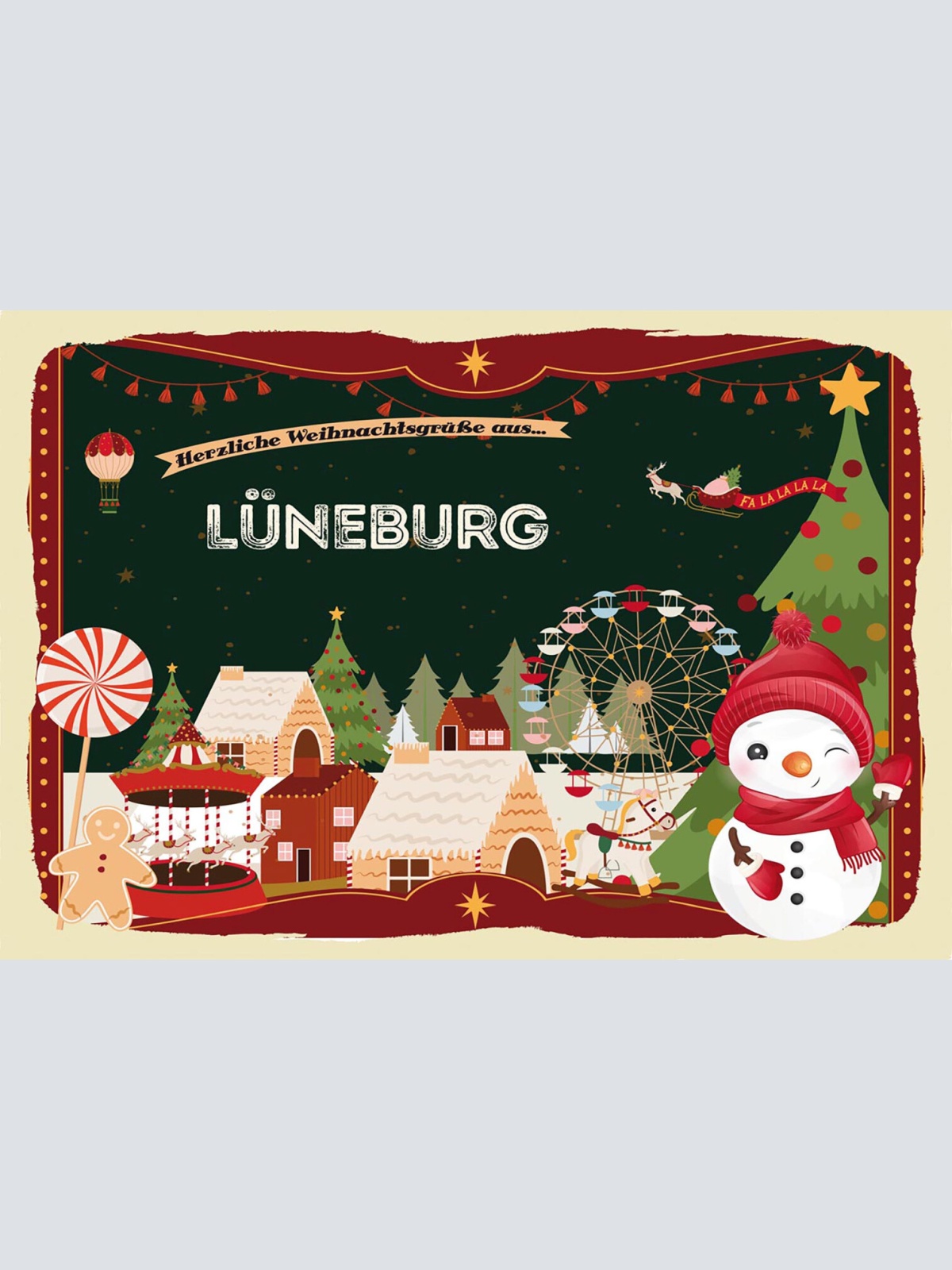 Schild Spruch Herzliche Weihnachtsgrüße aus Lüneburg Comic Schneemann JW