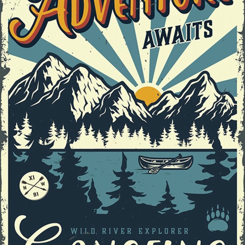 Schild Spruch Adventure awaits Abenteuer wartet Wild River Explorer Forscher JW