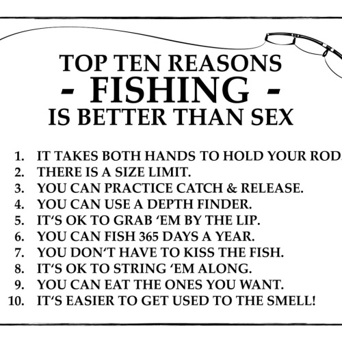 Schild Spruch Top ten reasons Fishing better than sex 10 Gründe warum Fischen JW