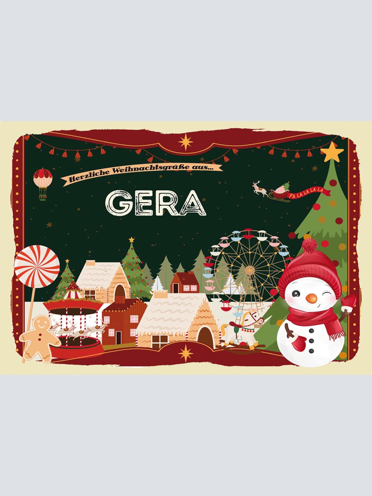 Schild Spruch Herzliche Weihnachtsgrüße aus Gera Comic Schneemann JW