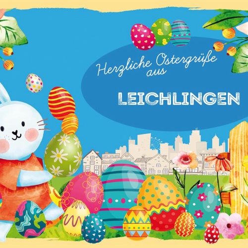 Schild Spruch Herzliche Ostergrüße aus Leichlingen Osterhase Eier Comic JW