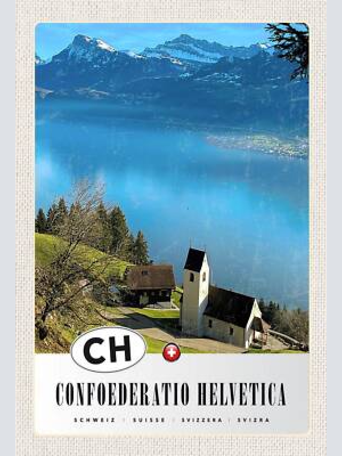 Schild spruch confoederatio helvetica switzerland schweiz see berge kirche jw
