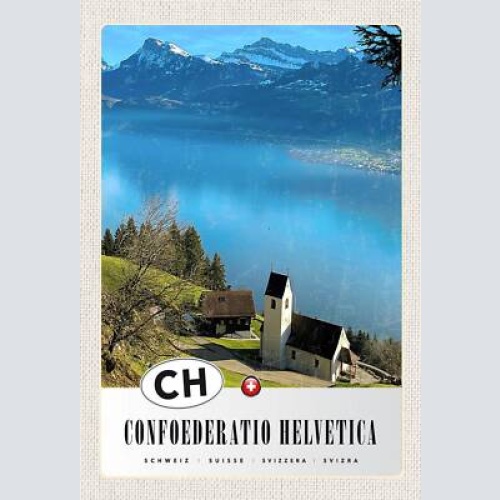 Schild spruch confoederatio helvetica switzerland schweiz see berge kirche jw