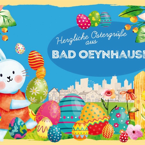 Schild Spruch Herzliche Ostergrüße aus Bad Oeynhausen Osterhase Eier Comic JW