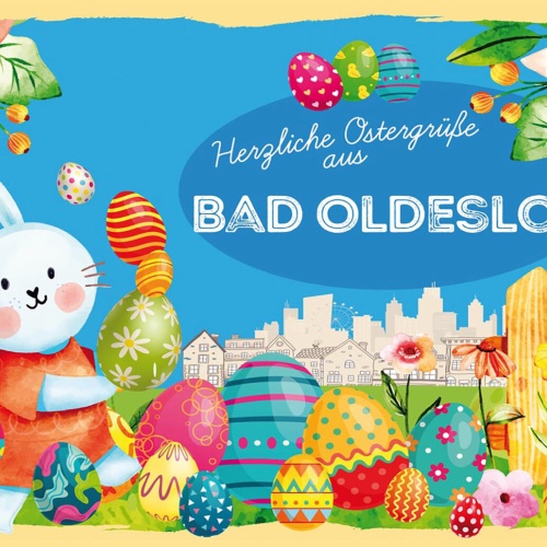 Schild Spruch Herzliche Ostergrüße aus Bad Oldesloe Osterhase Eier Comic JW