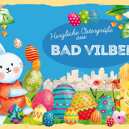 Schild Spruch Herzliche Ostergrüße aus Bad Vilbel Osterhase Eier Comic JW