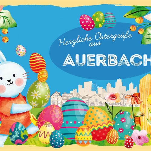Schild Spruch Herzliche Ostergrüße aus Auerbach Osterhase Eier Comic JW
