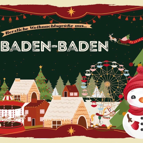 Schild Spruch Herzliche Weihnachtsgrüße aus Baden-Baden Comic Schneemann JW