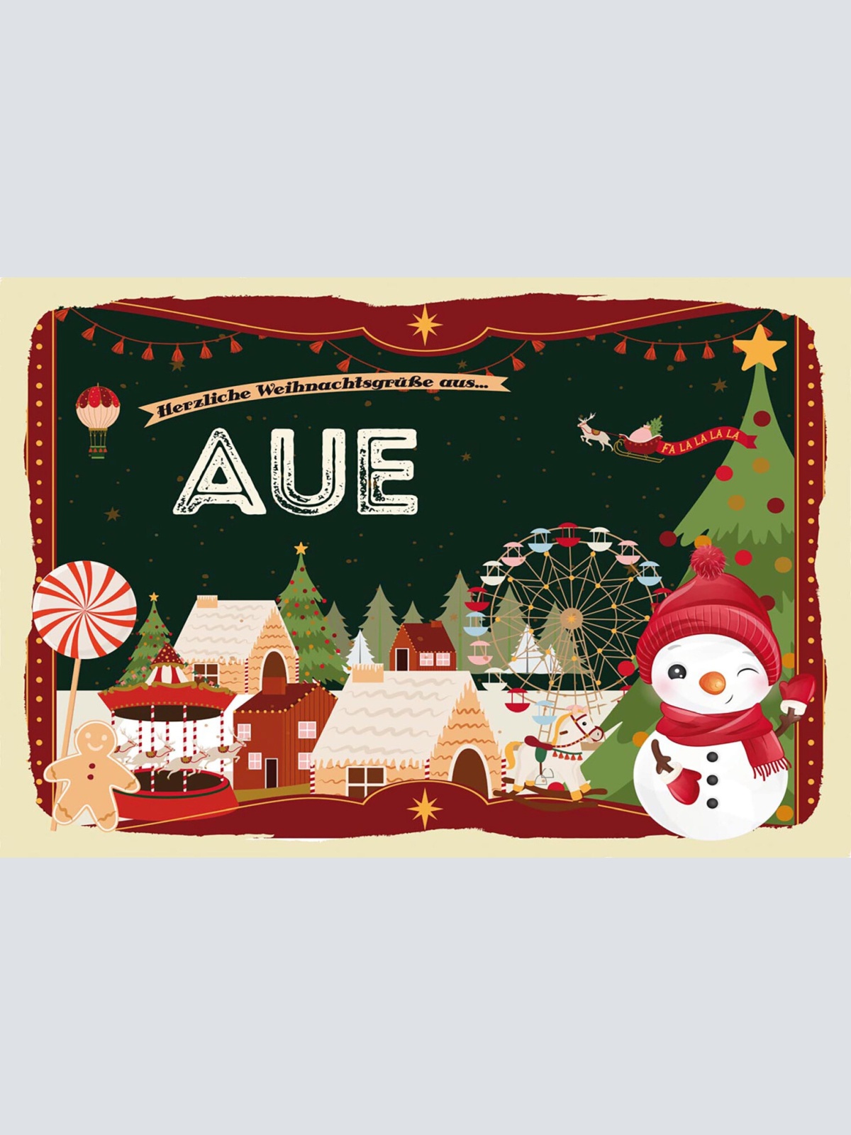 Schild Spruch Herzliche Weihnachtsgrüße aus Aue Comic Schneemann JW