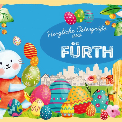 Schild Spruch Herzliche Ostergrüße aus Fürth Osterhase Eier Comic JW
