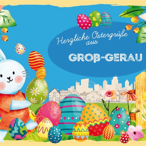 Schild Spruch Herzliche Ostergrüße aus Groß-Gerau Osterhase Eier Comic JW