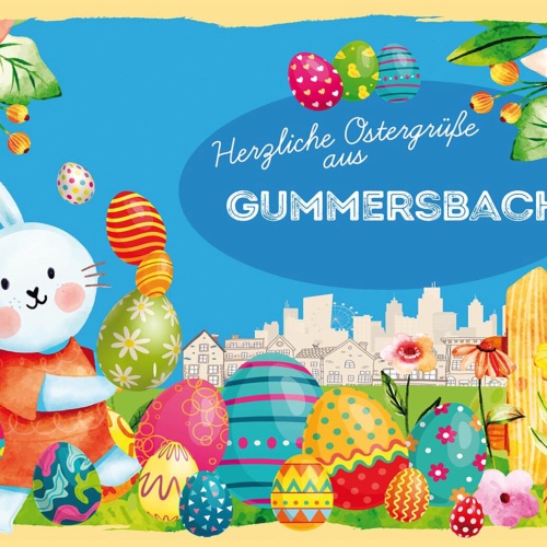 Schild Spruch Herzliche Ostergrüße aus Gummersbach Osterhase Eier Comic JW
