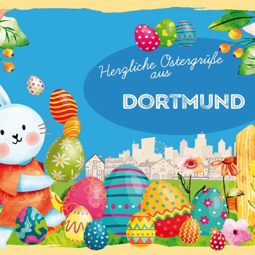 Schild Spruch Herzliche Ostergrüße aus Dortmund Osterhase Eier Comic JW