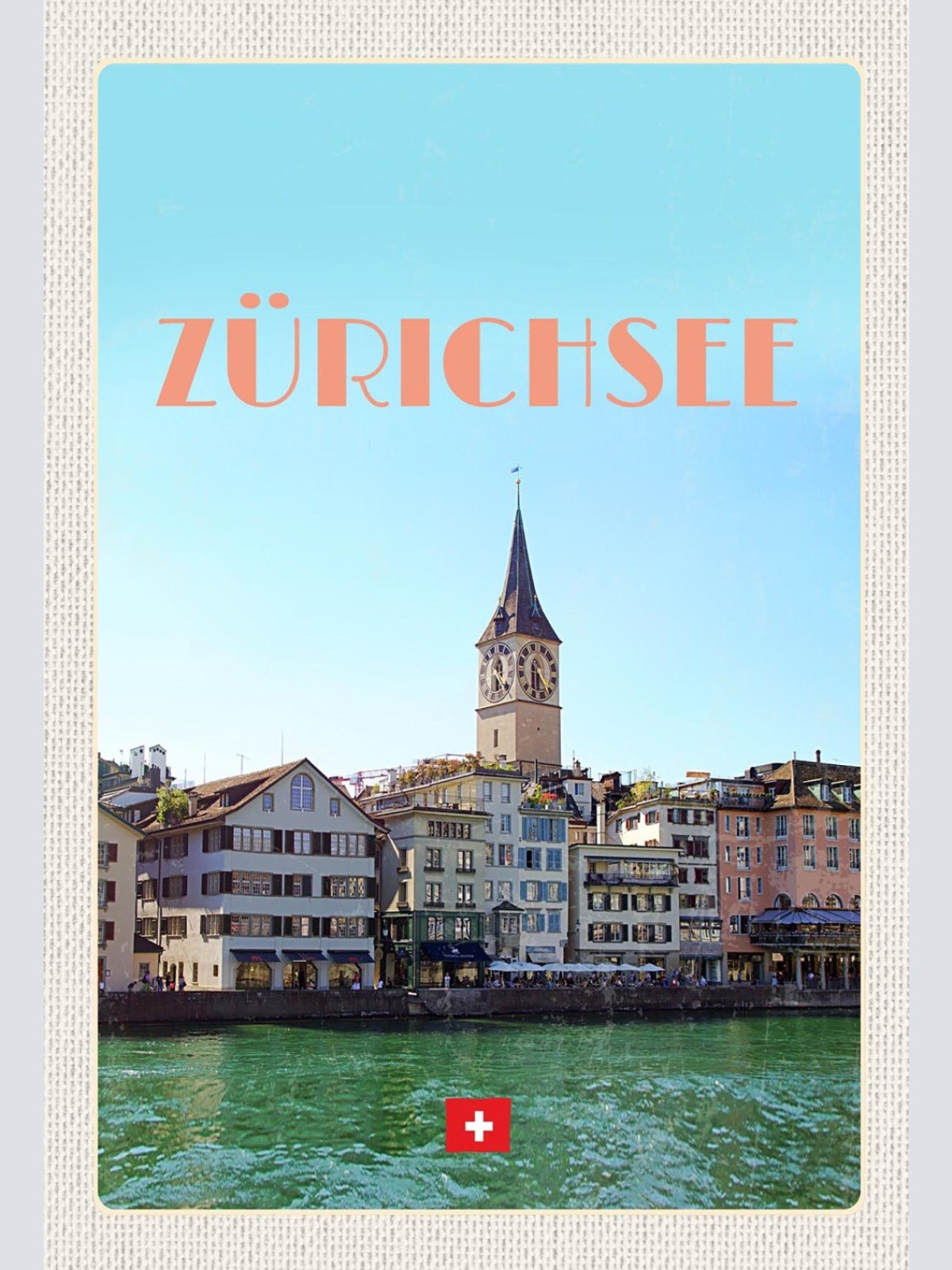 Schild Spruch Zürichsee Schweiz Häuserfront Kirchturm JW