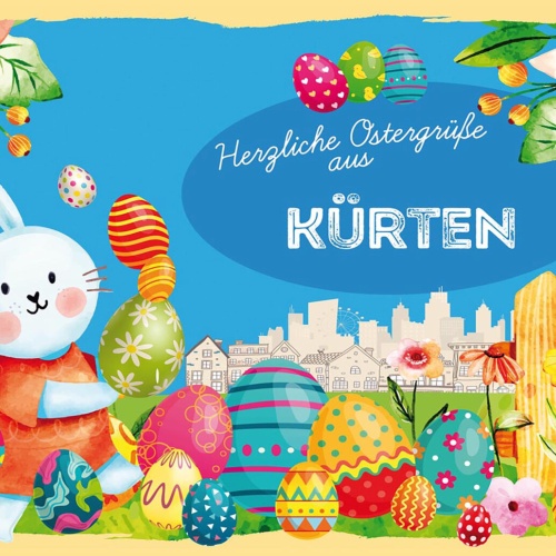 Schild Spruch Herzliche Ostergrüße aus Kürten Osterhase Eier Comic JW