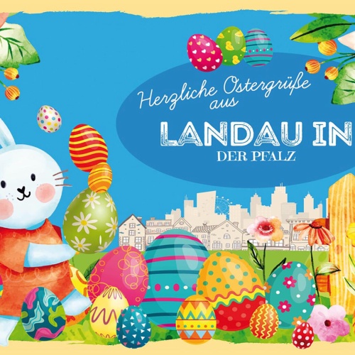 Schild Spruch Herzliche Ostergrüße aus Landau in der Pfalz Osterhase Comic JW