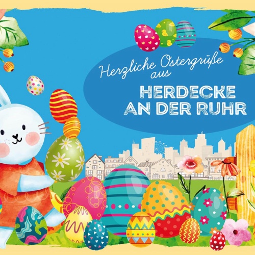 Schild Spruch Herzliche Ostergrüße aus Herdecke an der Ruhr Osterhase Comic JW