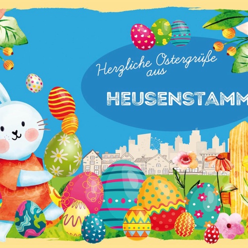 Schild Spruch Herzliche Ostergrüße aus Heusenstamm Osterhase Eier Comic JW