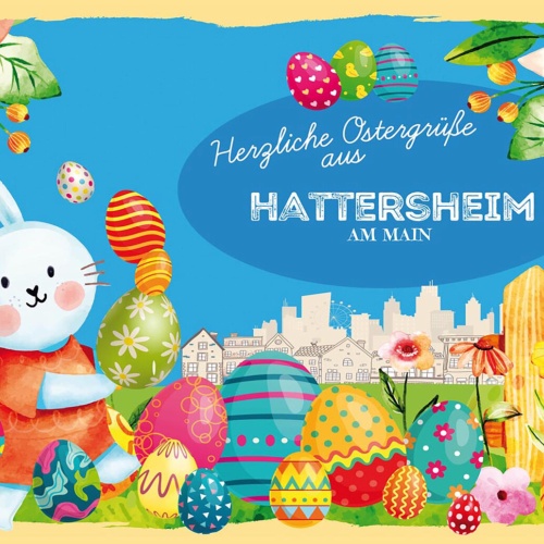 Schild Spruch Herzliche Ostergrüße aus Hattersheim am Main Osterhase Comic JW