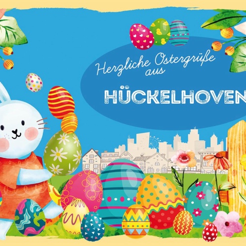 Schild Spruch Herzliche Ostergrüße aus Hückelhoven Osterhase Eier Comic JW