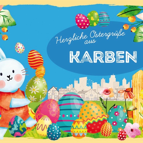 Schild Spruch Herzliche Ostergrüße aus Karben Osterhase Eier Comic JW