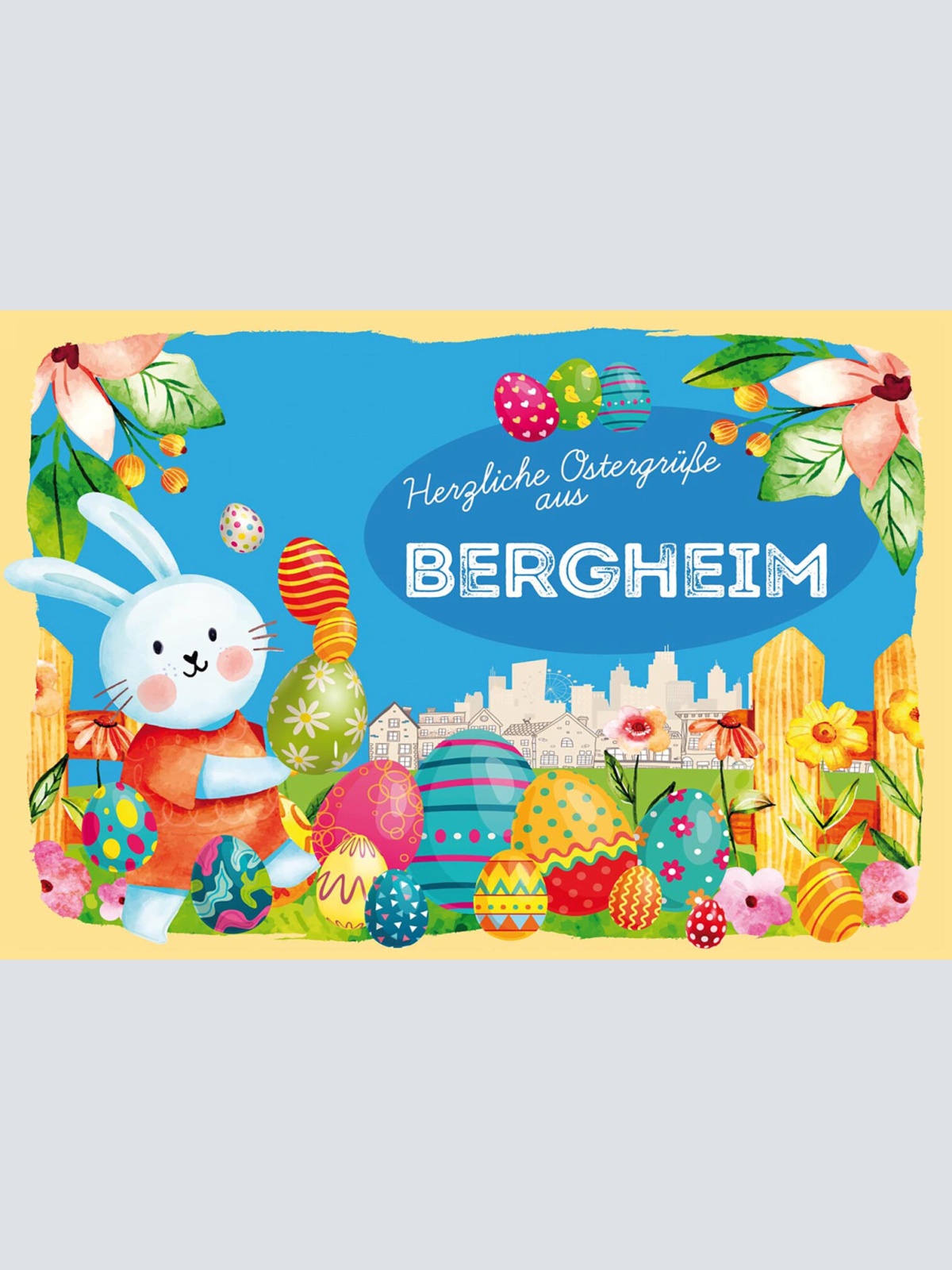 Schild Spruch Herzliche Ostergrüße aus Bergheim Osterhase Eier Comic JW