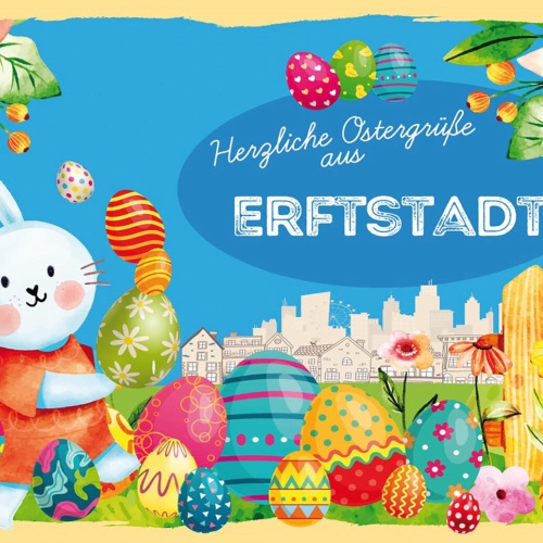 Schild Spruch Herzliche Ostergrüße aus Erftstadt Osterhase Eier Comic JW