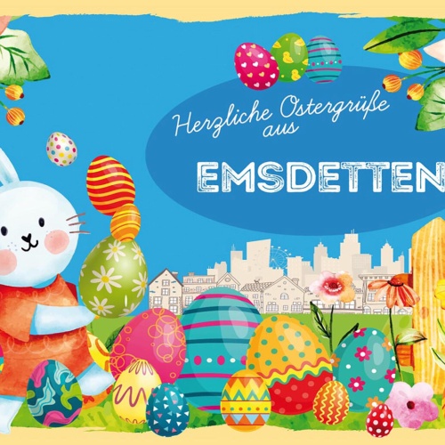 Schild Spruch Herzliche Ostergrüße aus Emsdetten Osterhase Eier Comic JW