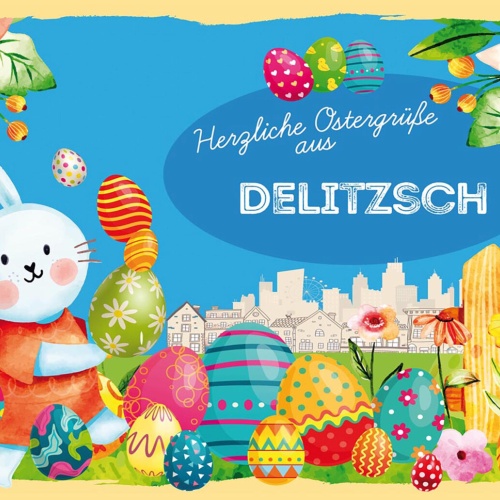 Schild Spruch Herzliche Ostergrüße aus Delitzsch Osterhase Eier Comic JW