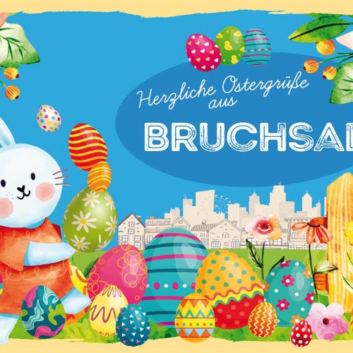 Schild Spruch Herzliche Ostergrüße aus Bruchsal Osterhase Eier Comic JW