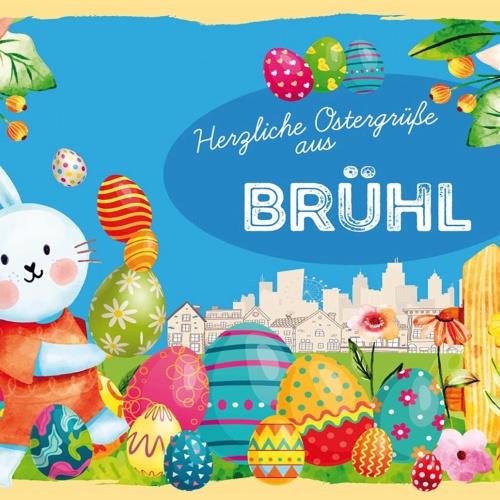 Schild Spruch Herzliche Ostergrüße aus Brühl Osterhase Eier Comic JW