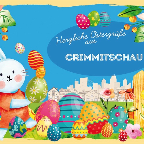 Schild Spruch Herzliche Ostergrüße aus Crimmitschau Osterhase Eier Comic JW