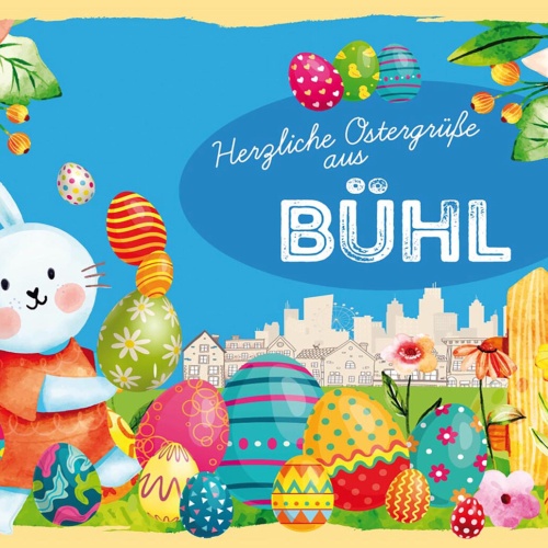 Schild Spruch Herzliche Ostergrüße aus Bühl Osterhase Eier Comic JW