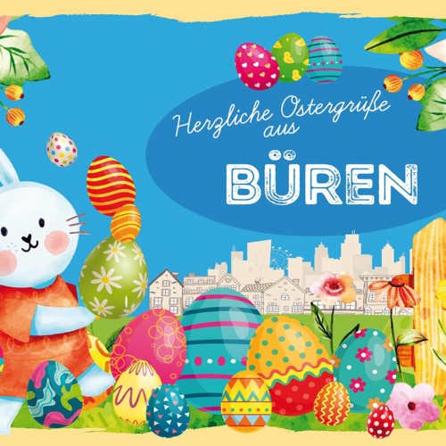 Schild Spruch Herzliche Ostergrüße aus Büren Osterhase Eier Comic JW